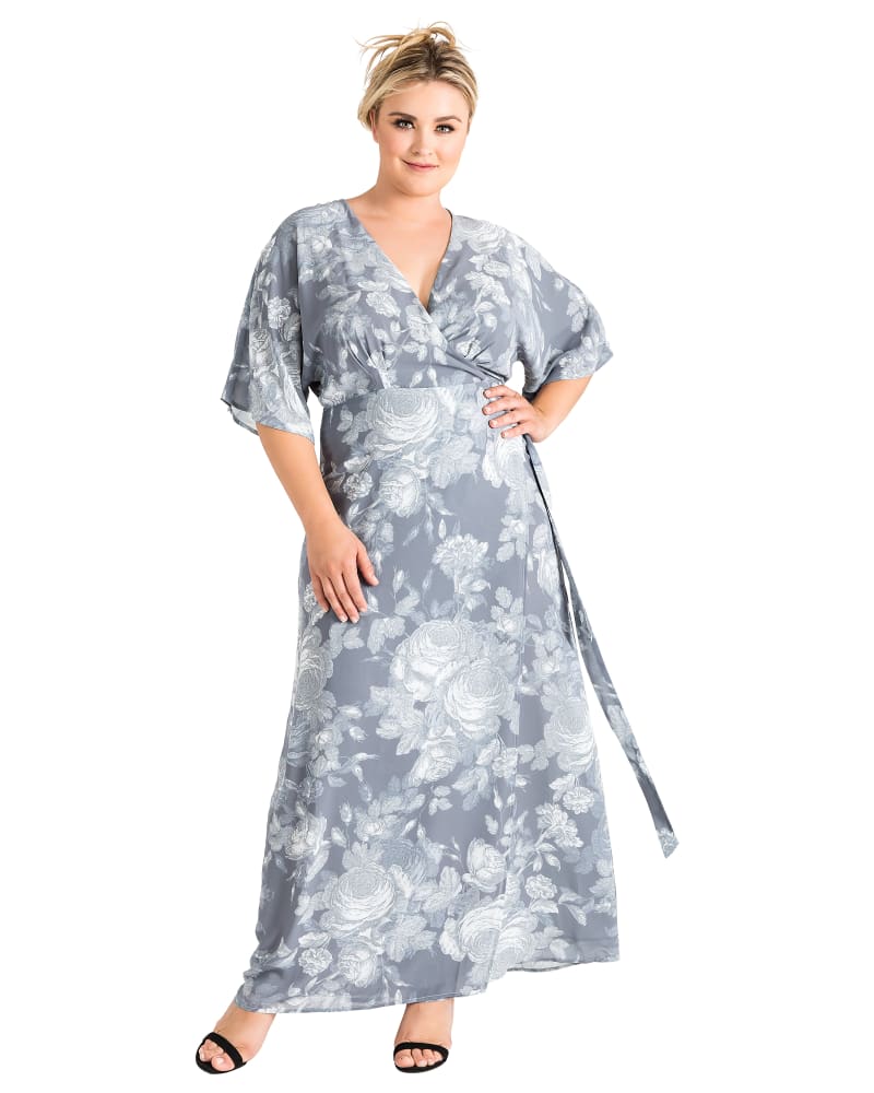 Front of a model wearing a size 1X Aubrey Kimono Wrap Maxi Dress in Smokey Rose by Standards & Practices. | dia_product_style_image_id:275877